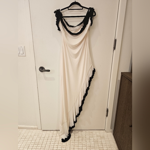 Arielle Meshki Strapless White Dress with Black Ruffle Trim - Picture 2 of 7